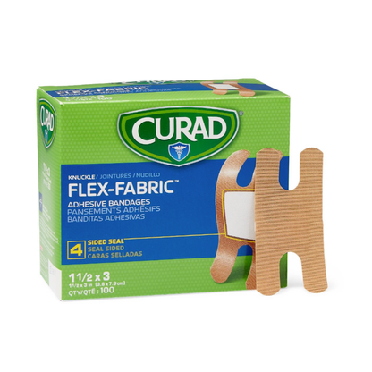 A green box of Medline CURAD Flex-Fabric Adhesive Bandages for Knuckles is shown, featuring an image of a single bandage, a 4-sided seal, and indicating a quantity of 100 bandages.