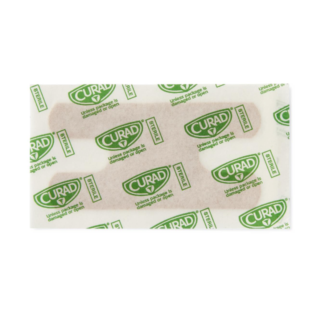Medline CURAD Flex-Fabric Adhesive Bandages for Knuckles feature a clear wrapper with a green CURAD logo and text. Shown on a white background, they're perfect for pairing with standard bandages to provide versatile wound coverage.