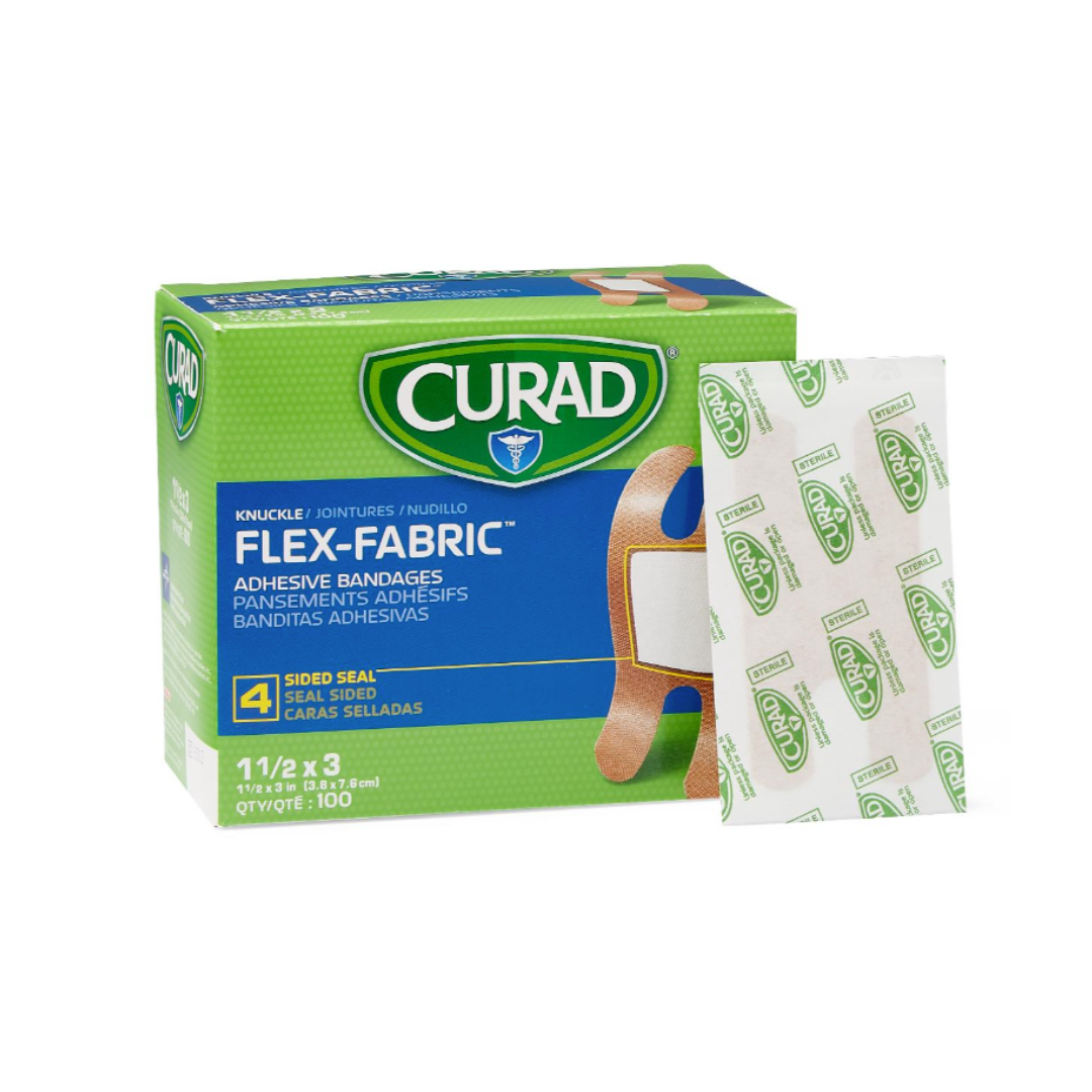 A box of Medline CURAD Flex-Fabric Adhesive Bandages for Knuckles is shown, with one wrapped bandage leaning against it. The box highlights flexible, four-sided seal knuckle bandages and contains 100 pieces.
