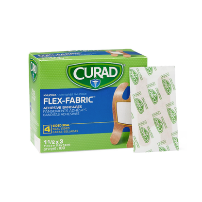 A box of Medline CURAD Flex-Fabric Adhesive Bandages for Knuckles is shown, with one wrapped bandage leaning against it. The box highlights flexible, four-sided seal knuckle bandages and contains 100 pieces.