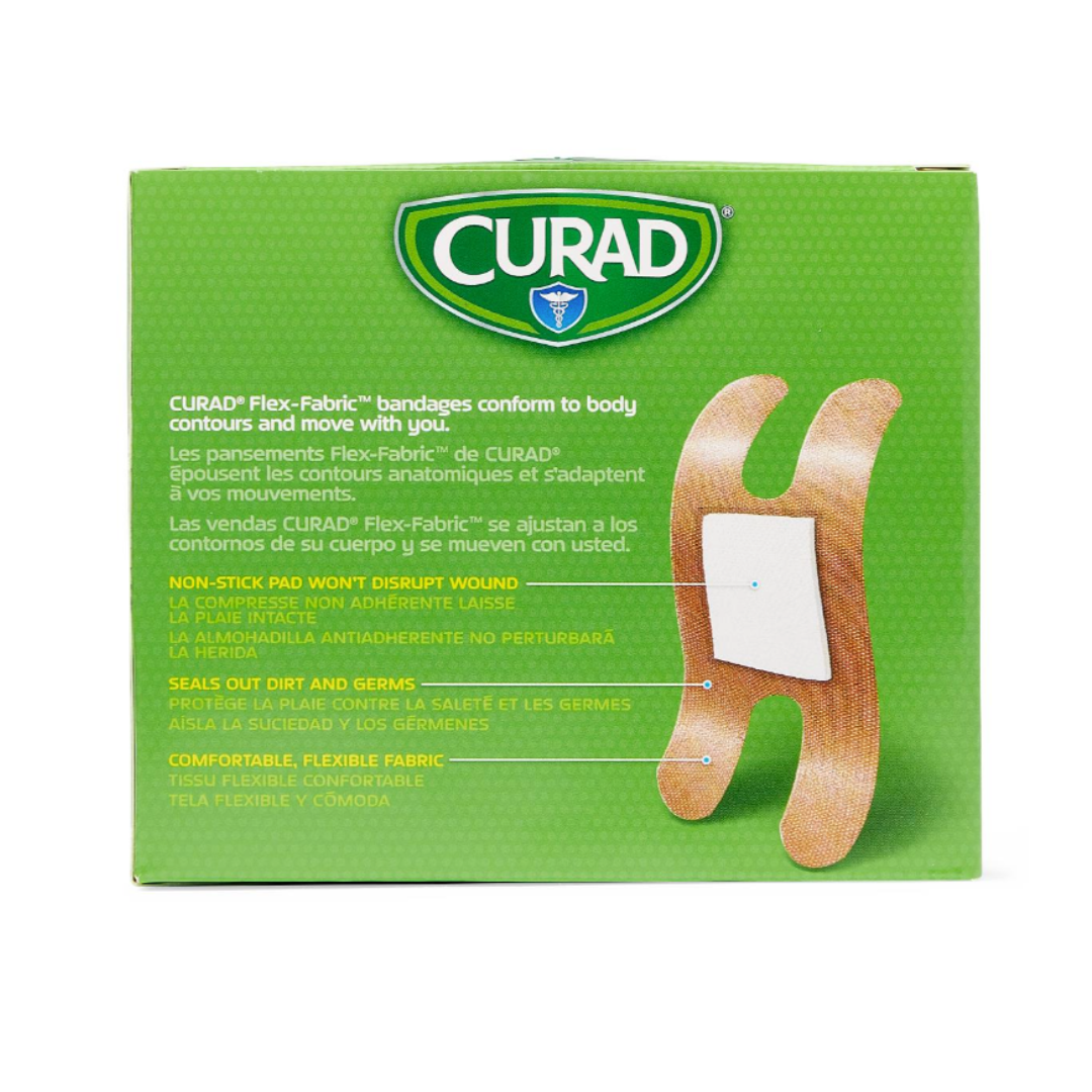 A green and yellow Medline CURAD Flex-Fabric Adhesive Bandages for Knuckles box shows flexible, comfortable bandages with non-stick pads and dirt/germ resistance. Packaging features English, French, and Spanish text.