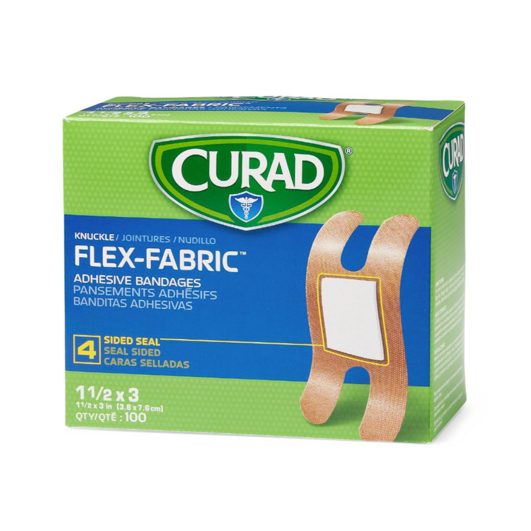 A green box of Medline CURAD Flex-Fabric Adhesive Bandages for Knuckles, showing an illustration and a 4-sided seal on the front. The box contains 100 knuckle bandages, each sized 1 1/2 x 3 inches.