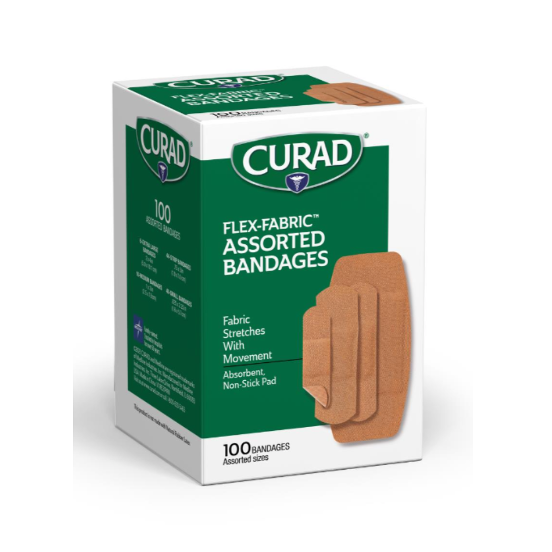 A box of CURAD Flex-Fabric Adhesive Bandages - Assorted Sizes displays three flexible bandages on the front and highlights that the fabric stretches with movement. Each box contains 100 assorted sterile wound care bandages.