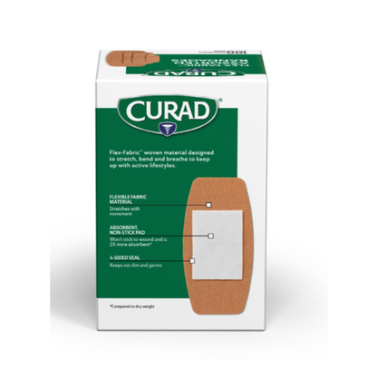 A box of CURAD Flex-Fabric Adhesive Bandages - Assorted Sizes features water-repellent material, absorbent non-stick pads, and a 4-sided seal for sterile wound care to help keep out dirt and germs.