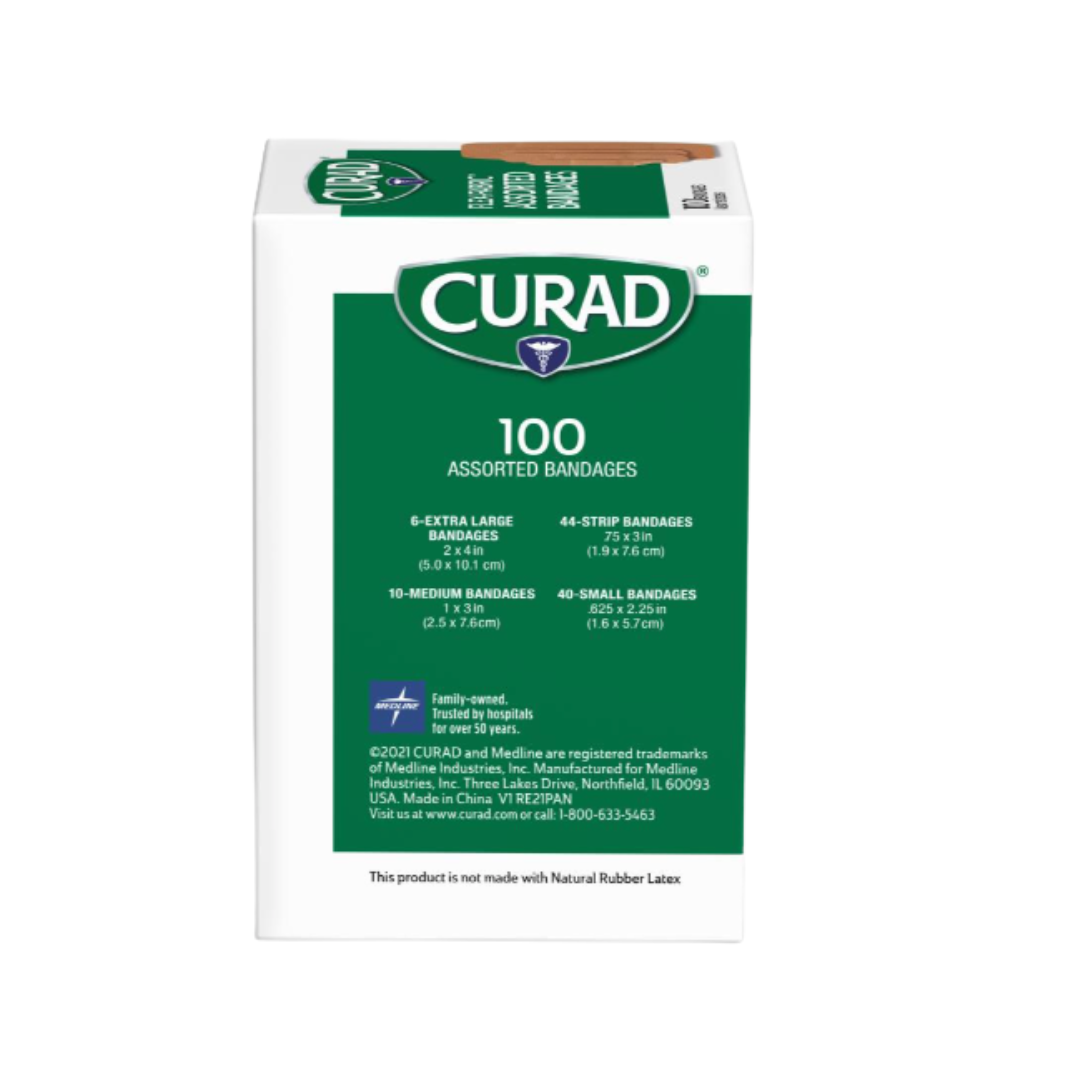 A box of CURAD Flex-Fabric Adhesive Bandages - Assorted Sizes contains 100 sterile bandages in various sizes. The mainly white and green front label displays the quantities and sizes included.