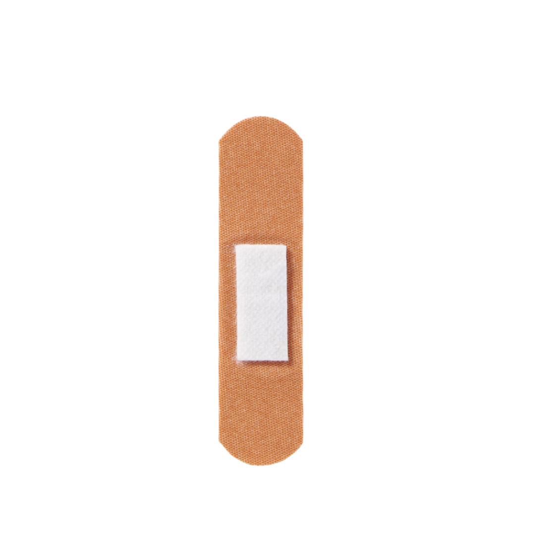 A CURAD Flex-Fabric Adhesive Bandage in beige with a white gauze pad, shown on a plain white background—perfect for sterile wound care. Assorted sizes available.