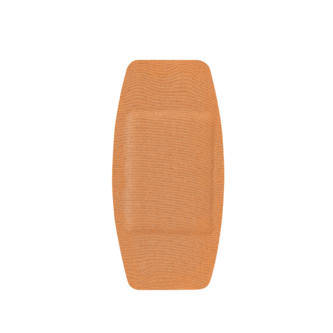 A CURAD Flex-Fabric Adhesive Bandage, shown flat against a white background, features a flexible woven texture and is ideal for sterile wound care; available in assorted sizes.