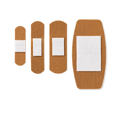 Four CURAD Flex-Fabric Adhesive Bandages in assorted sizes are arranged from smallest to largest on a white background. Each water-repellent bandage has a central white absorbent pad for sterile wound care.