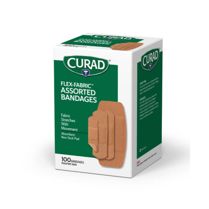 A 100-count box of CURAD Flex-Fabric Adhesive Bandages - Assorted Sizes features flexible, water-repellent fabric, excellent absorbency, and a non-stick sterile pad for wound care. Box front displays three assorted bandages.