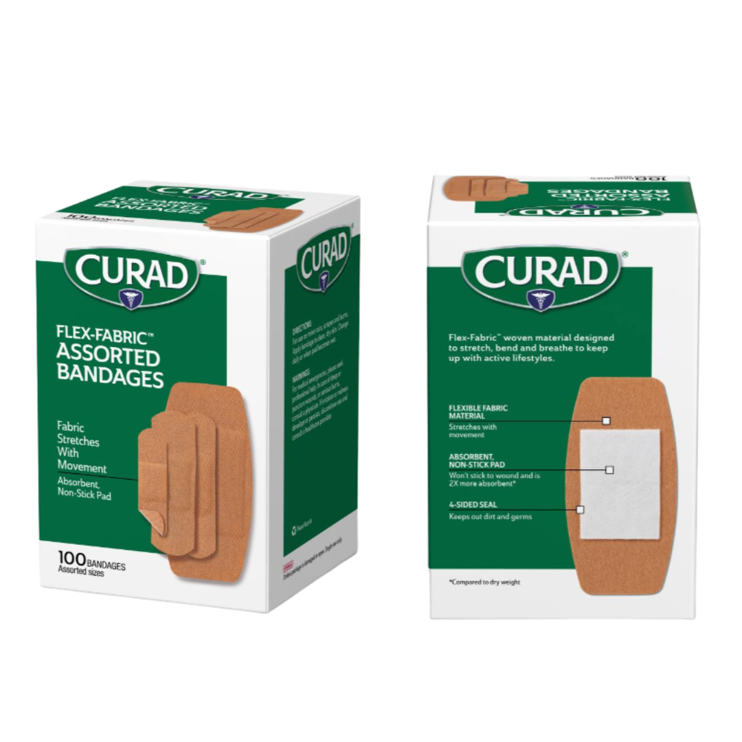 Two green and white boxes of CURAD Flex-Fabric Adhesive Bandages - Assorted Sizes are shown, one featuring the product name with bandages, the other highlighting sterile wound care info and a bandage diagram. Each box holds 100 bandages.