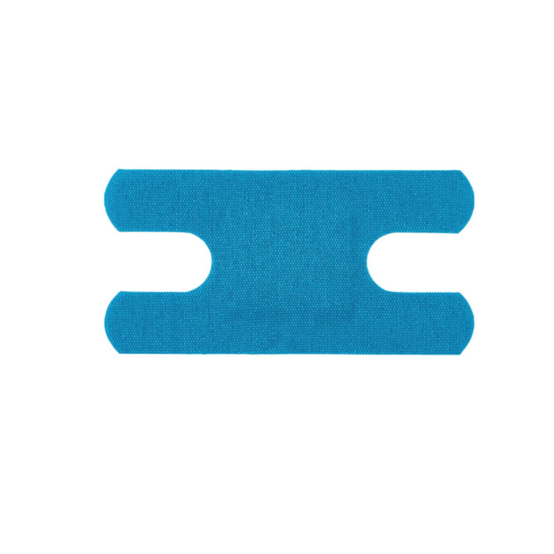 A CURAD Food Service Metal-Detectable Blue Fabric Adhesive Bandage with two rounded notches on each side is shown on a white background.