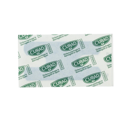 The CURAD Food Service Metal-Detectable Blue Fabric Adhesive Bandages come in sealed white and green wrappers with the Curad logo, ensuring safety and suitability for food service or any setting needing metal detectable bandages.