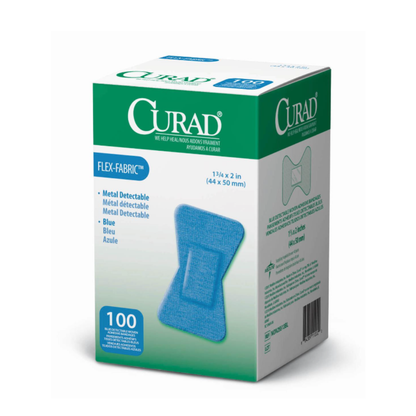 A box of CURAD Food Service Metal-Detectable Blue Fabric Adhesive Bandages, 1¾ x 2 in (44 x 50 mm), 100 count. The white and green packaging displays an image of a blue metal-detectable bandage on the front.