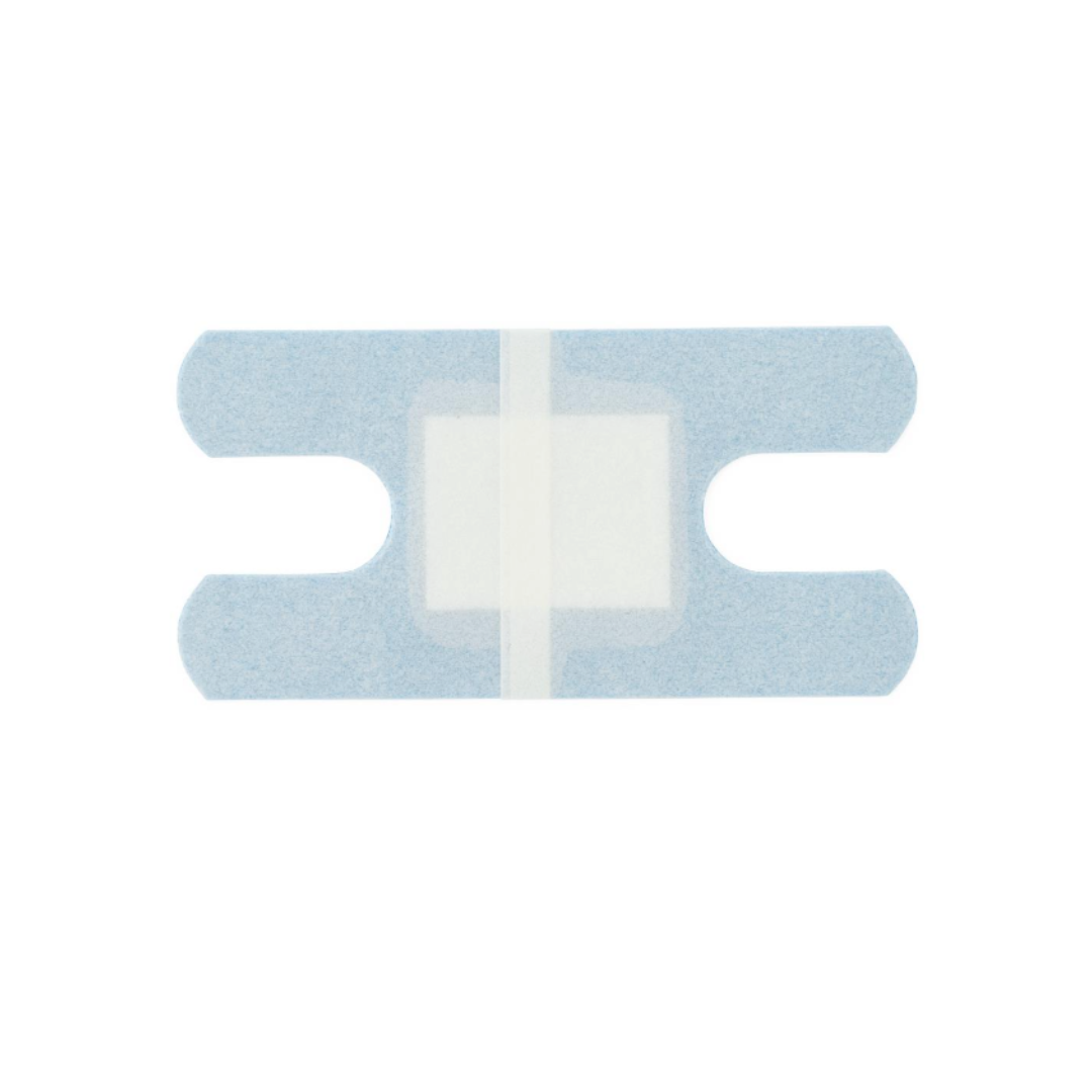 CURAD Food Service Metal-Detectable Blue Fabric Adhesive Bandages feature a rectangular, transparent blue design with a white pad, blue backing, and side notches for easy use—perfect for food service applications.