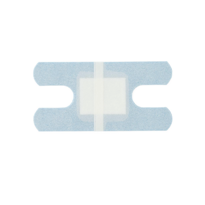 CURAD Food Service Metal-Detectable Blue Fabric Adhesive Bandages feature a rectangular, transparent blue design with a white pad, blue backing, and side notches for easy use—perfect for food service applications.