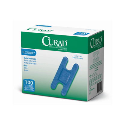 A box of CURAD Food Service Metal-Detectable Blue Fabric Adhesive Bandages, 1.5 x 3 in., contains 100 sterile, metal-detectable bandages ideal for food service. The front shows an image of a single blue bandage.