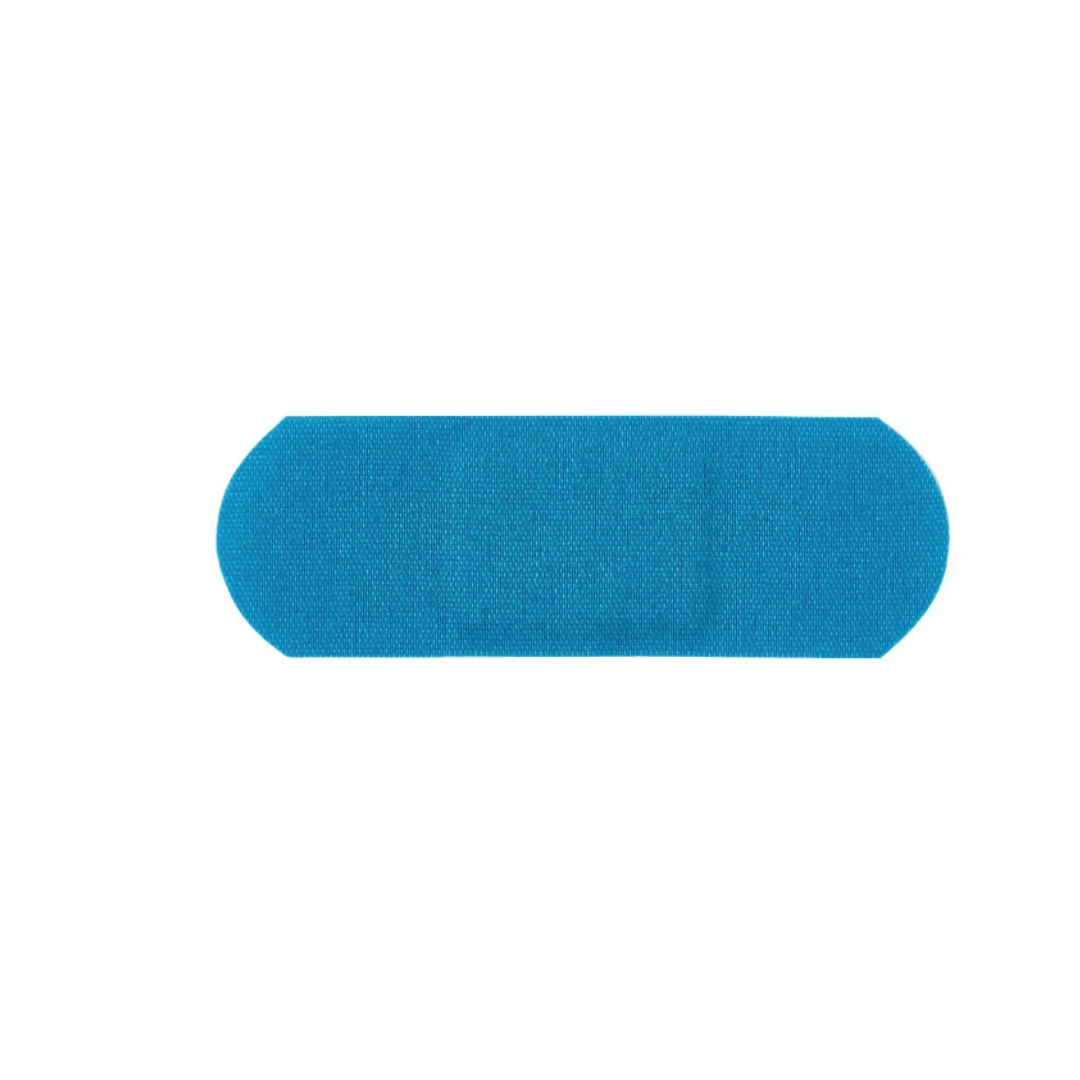 A CURAD Food Service Metal-Detectable Blue Fabric Adhesive Bandage with rounded ends is shown against a plain white background, ideal for food service use.