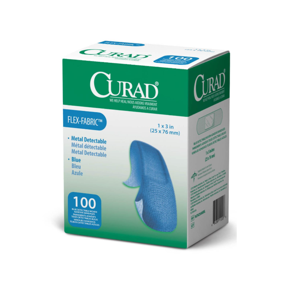CURAD Food Service Metal-Detectable Blue Fabric Adhesive Bandages, 1 x 3 inches, pack of 100. Ideal for food service; metal detectable. Box is mainly white and green with a blue area displaying a bandage image.