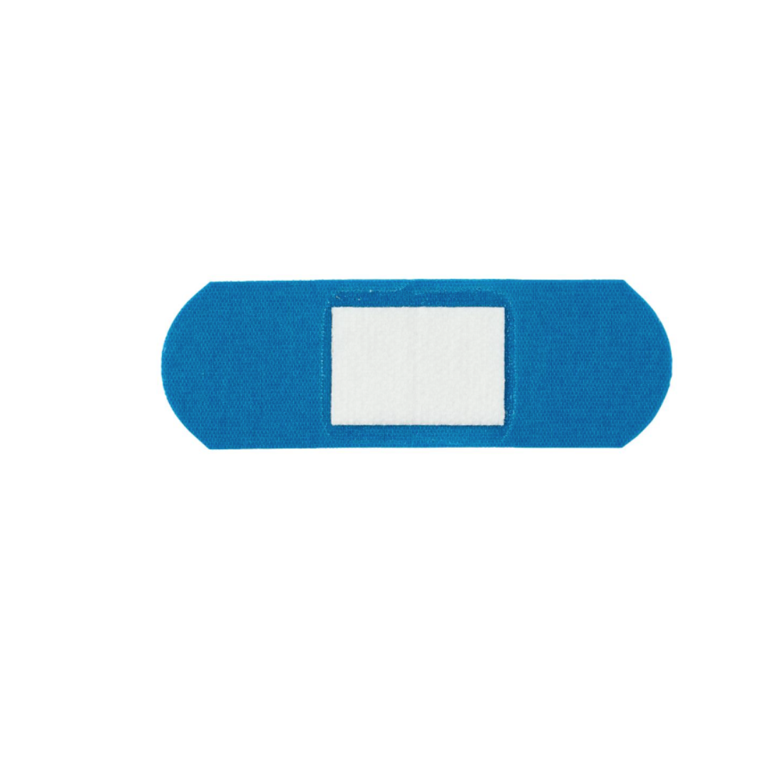 A single CURAD Food Service Metal-Detectable Blue Fabric Adhesive Bandage with a white center pad is displayed against a plain white background.