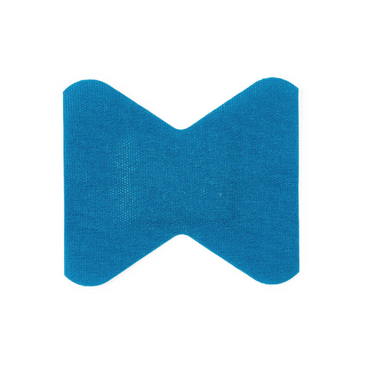 A single CURAD Food Service Metal-Detectable Blue Fabric Adhesive Bandage, X butterfly shaped, is shown on a plain white background. Ideal for food service use.
