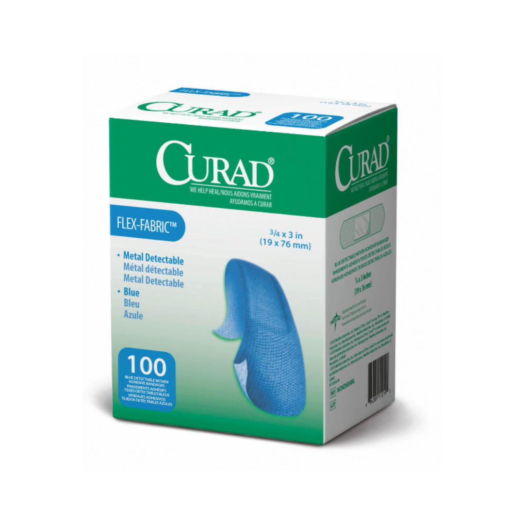 A box of CURAD Food Service Metal-Detectable Blue Fabric Adhesive Bandages, 3/4 x 3 inches, ideal for food service. Contains 100 metal-detectable bandages in a green and white box featuring a blue bandage image.