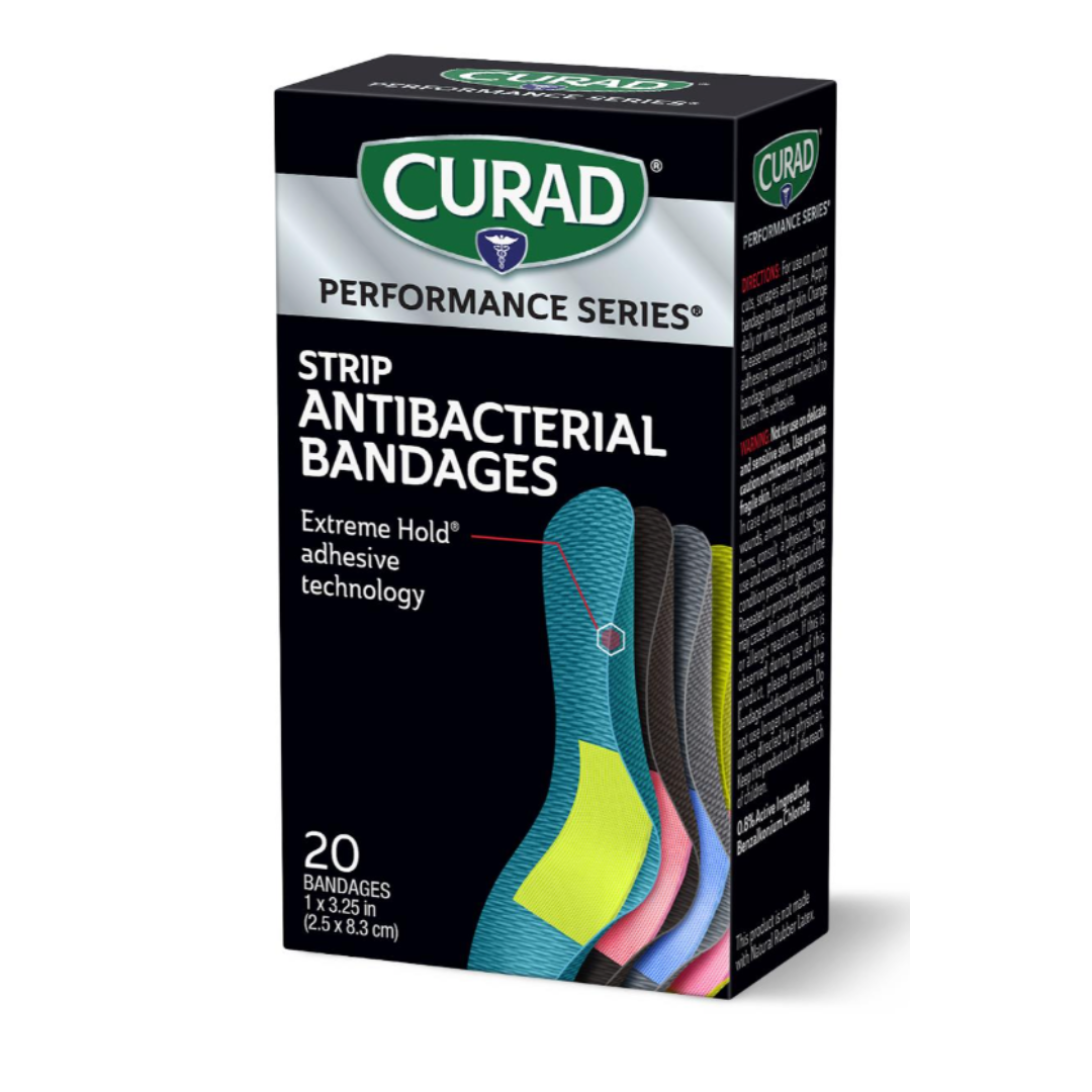 A box of Medline CURAD Performance Series Antibacterial Bandages with Extreme Hold adhesive, featuring colorful, overlapping bandages on the front. Includes 20 bandages for reliable protection.