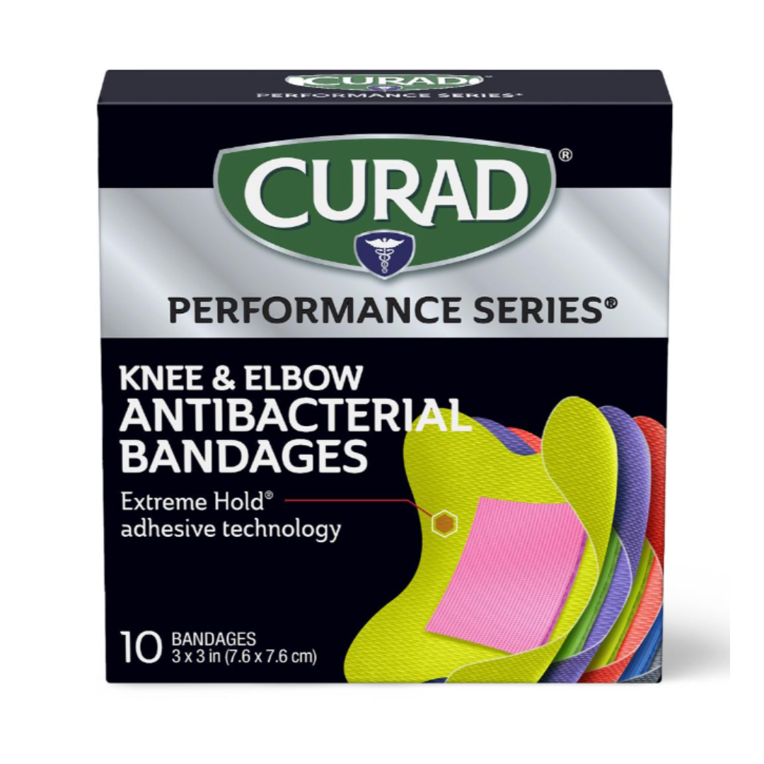 A box of Medline CURAD Performance Series Antibacterial Bandages with Extreme Hold adhesive. Includes 10 colorful 3 x 3-inch bandages for knees and elbows, offering trusted antibacterial protection.