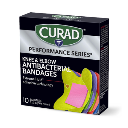 A box of Medline CURAD Performance Series Antibacterial Bandages for knees and elbows includes 10 colorful, Extreme Hold bandages, each 3 x 3 inches.