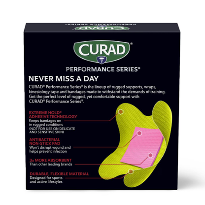A black box of Medline CURAD Performance Series Antibacterial Bandages features adhesive strength, an antibacterial non-stick pad, and flexible material, with a pink and yellow bandage illustration on the right side.