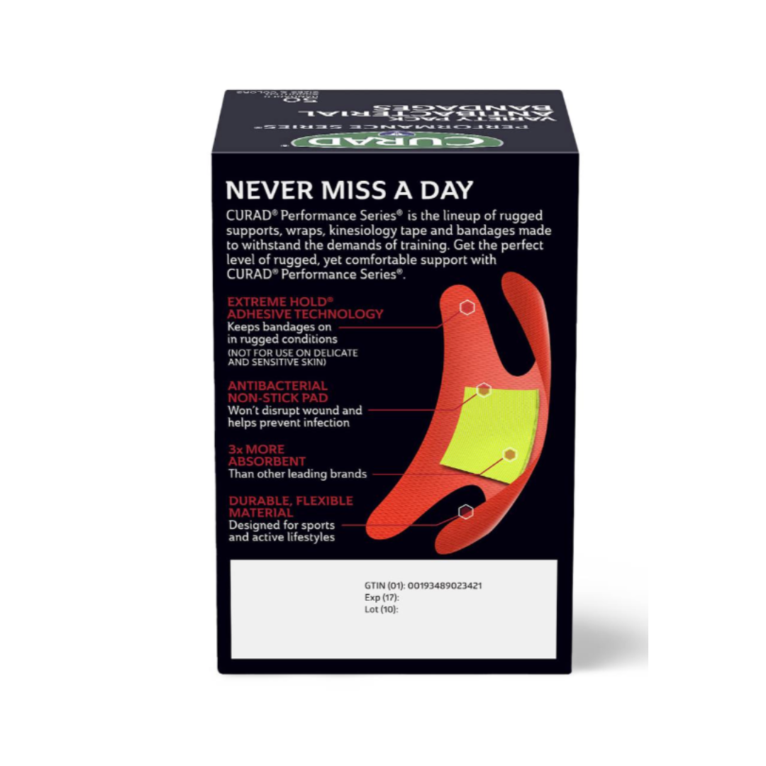 Box of Medline CURAD Performance Series Antibacterial Bandages, highlighting adhesive technology, antibacterial non-stick pad, high absorbency, and durable flexible material—ideal for CURAD Bandage fans. Illustration shows features.