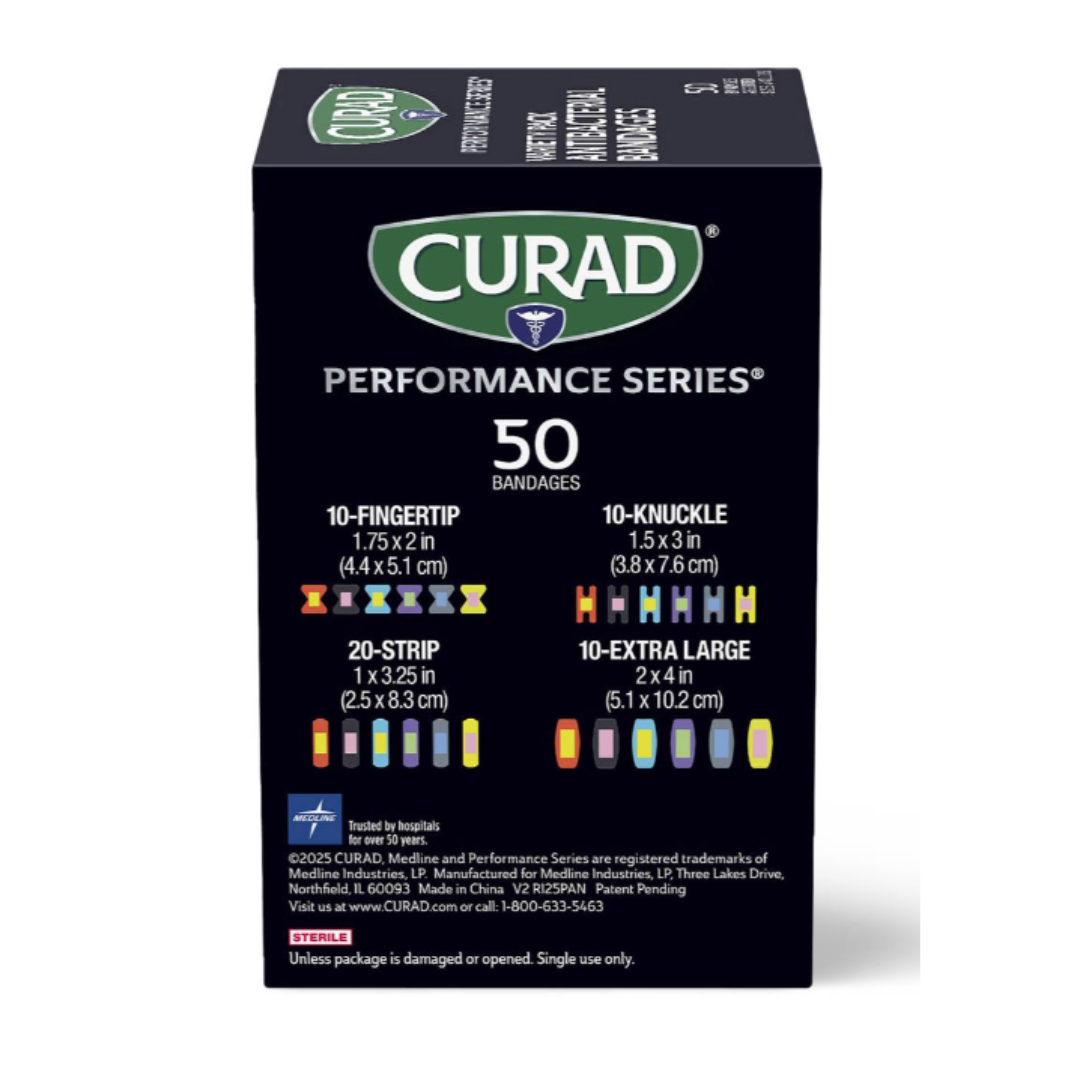 Front of a Medline CURAD Performance Series Antibacterial Bandages box, showing 50 bandages in four types: 10 fingertip, 10 knuckle, 20 strip, and 10 extra large, with illustrations for each type and size displayed.