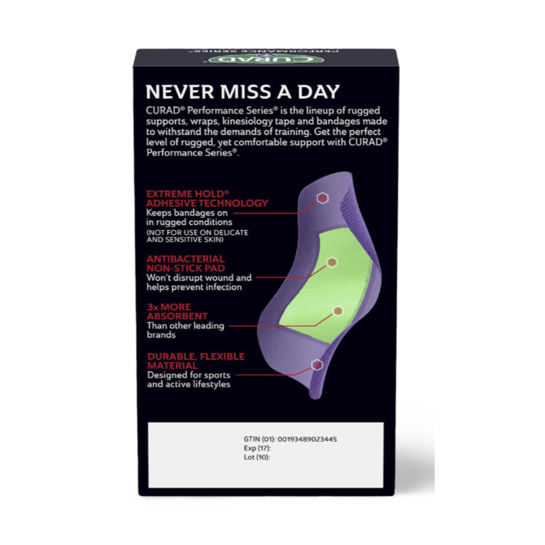 Box of Medline CURAD Performance Series Antibacterial Bandages shown with features like extreme hold adhesive, non-stick pad, and durable, flexible material. Single bandage image highlights design on white background.