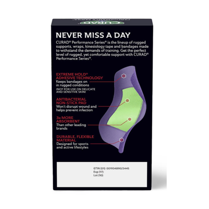 Box of Medline CURAD Performance Series Antibacterial Bandages shown with features like extreme hold adhesive, non-stick pad, and durable, flexible material. Single bandage image highlights design on white background.