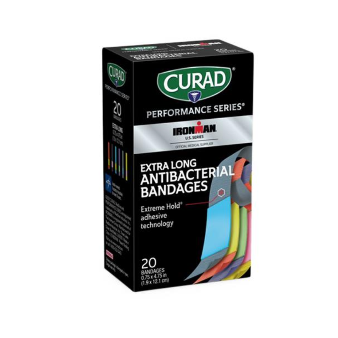A box of Medline CURAD Performance Series Antibacterial Bandages with Extreme Hold adhesive; package contains 20 extra long bandages and features colorful illustrations.