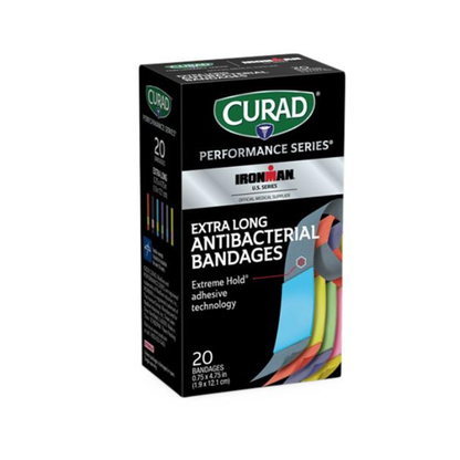 A box of Medline CURAD Performance Series Antibacterial Bandages with Extreme Hold adhesive; package contains 20 extra long bandages and features colorful illustrations.