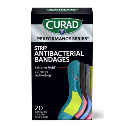 A box of Medline CURAD Performance Series Antibacterial Bandages with Extreme Hold adhesive, showing colorful bandages on the front. Contains 20 bandages, each measuring 1 x 3.25 inches.
