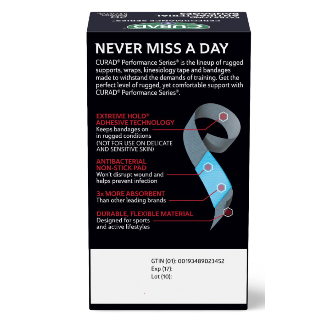 The Medline CURAD Performance Series Antibacterial Bandages in a black box feature extreme hold adhesive, antibacterial non-stick pad, high absorbency, durable material, and illustrated bandage with product info on the packaging.