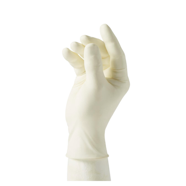 A hand wearing Medline CURAD Powder-Free Textured Latex Exam Gloves, fingers slightly curled, is shown against a white background.
