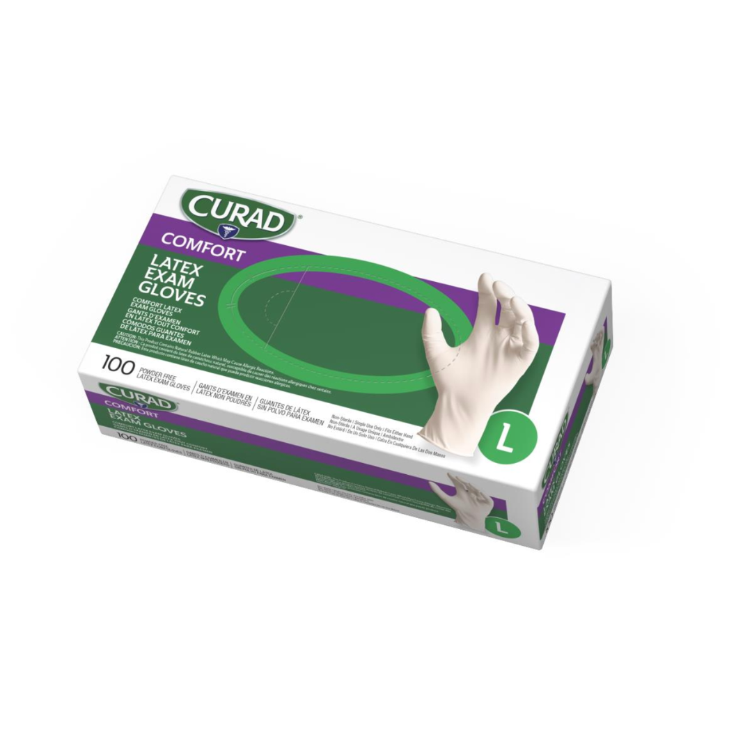 A box of Medline CURAD Powder-Free Textured Latex Exam Gloves, size Large, contains 100 latex gloves. The predominantly white box with green and purple accents shows a hand wearing the textured exam gloves for better grip.