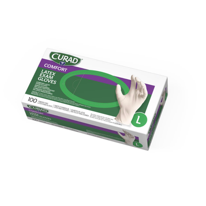 A box of Medline CURAD Powder-Free Textured Latex Exam Gloves, size Large, contains 100 latex gloves. The predominantly white box with green and purple accents shows a hand wearing the textured exam gloves for better grip.