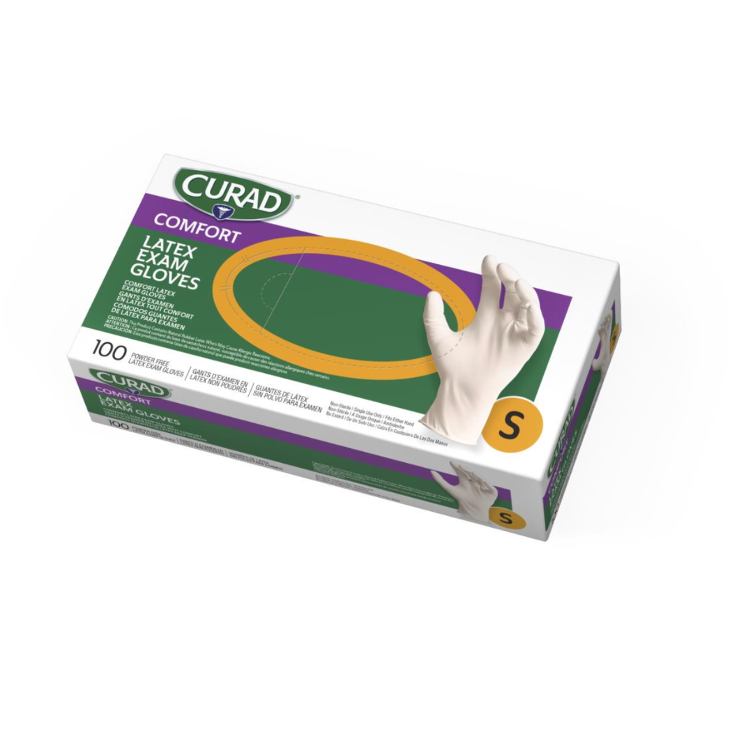 A box of Medline CURAD Powder-Free Textured Latex Exam Gloves, size small, contains 100 latex gloves. The mostly white packaging has green and purple accents with an image of a gloved hand on the front.