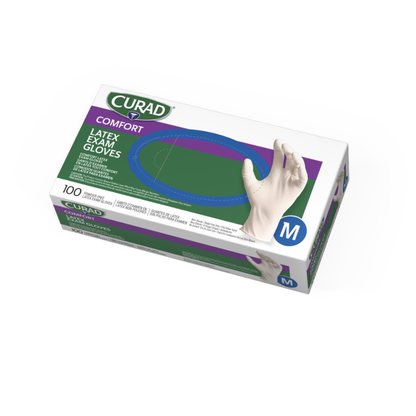 A box of Medline CURAD Powder-Free Textured Latex Exam Gloves, medium size, contains 100 latex gloves. The white box with green, blue, and purple accents features a gloved hand image for comfortable, reliable protection.
