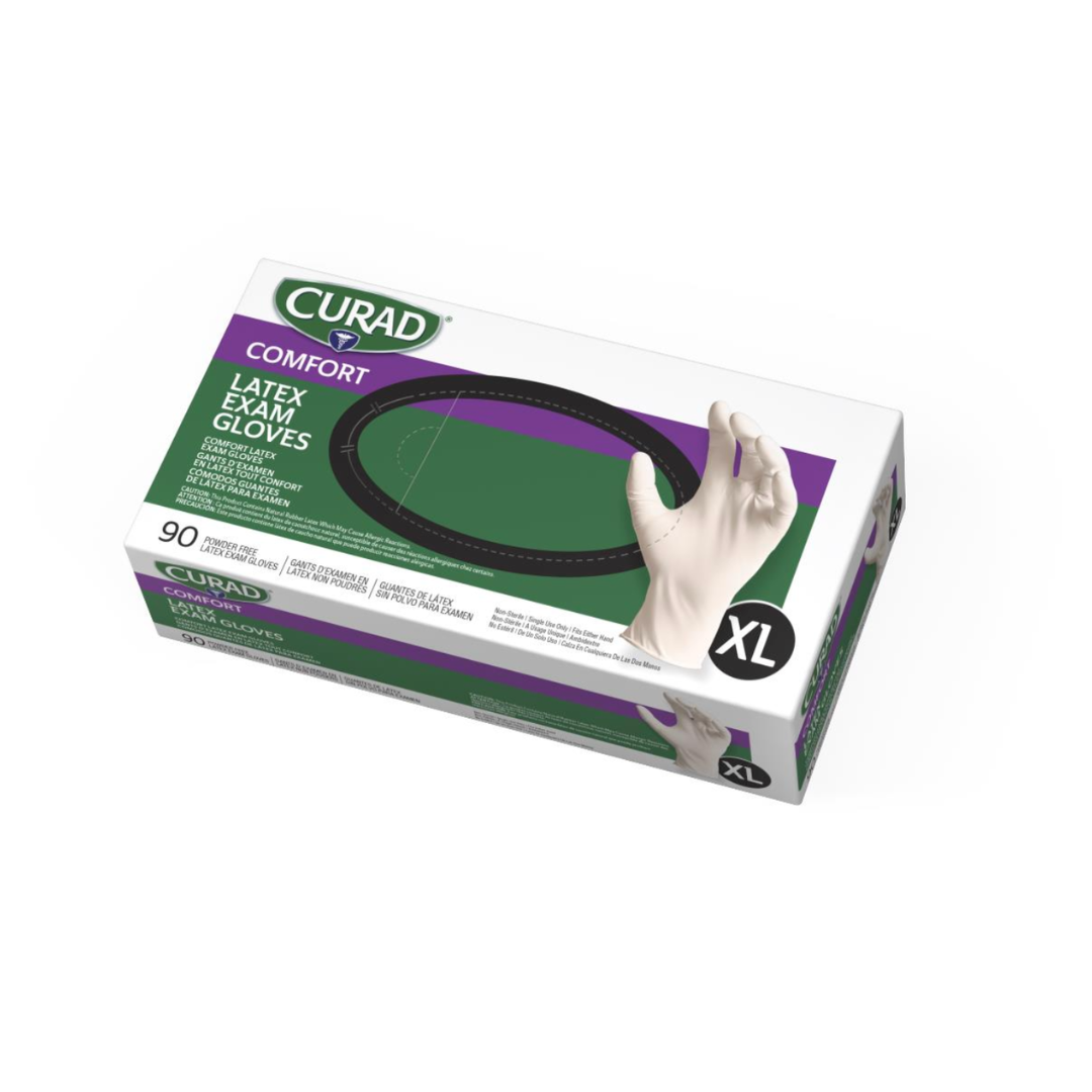 A green and purple box of Medline CURAD Powder-Free Textured Latex Exam Gloves, size XL, contains 90 textured latex gloves and features a clear image of a gloved hand along with detailed product information.