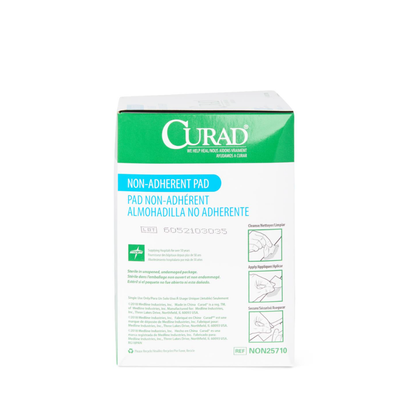 A green and white box of Medline CURAD Sterile Nonadherent Dressing Pads features bilingual English/Spanish text, images of pad application, and product details on the front.