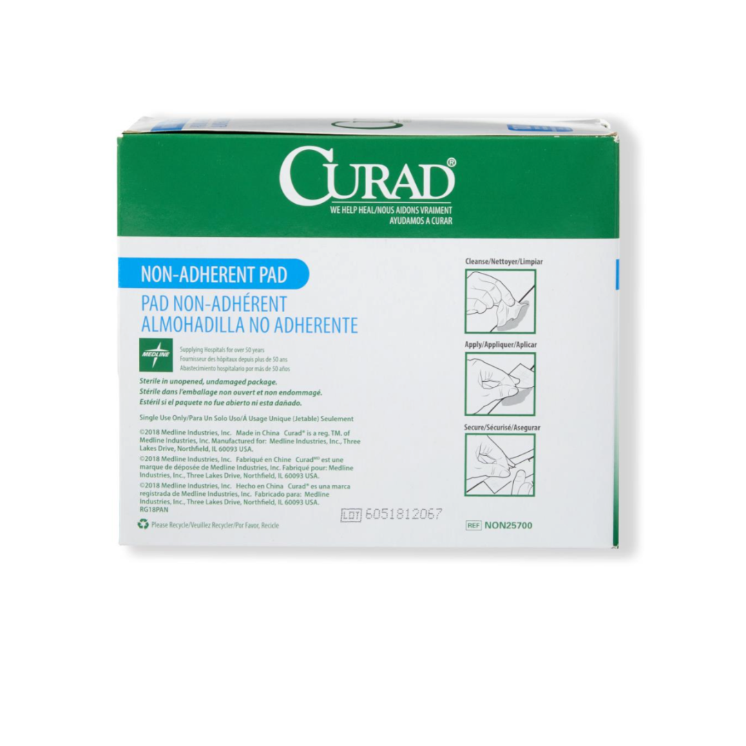 A box of Medline CURAD Sterile Nonadherent Dressing Pads features green and white packaging with the Curad logo, English and Spanish instructions, usage icons, and highlights its sterile nonadherent pads inside.