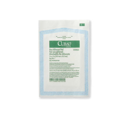 A sealed package of Medline CURAD Sterile Nonadherent Dressing Pads, 2 x 3 inches, features blue and green labeling on a white background with visible packaging text and barcode on the front.