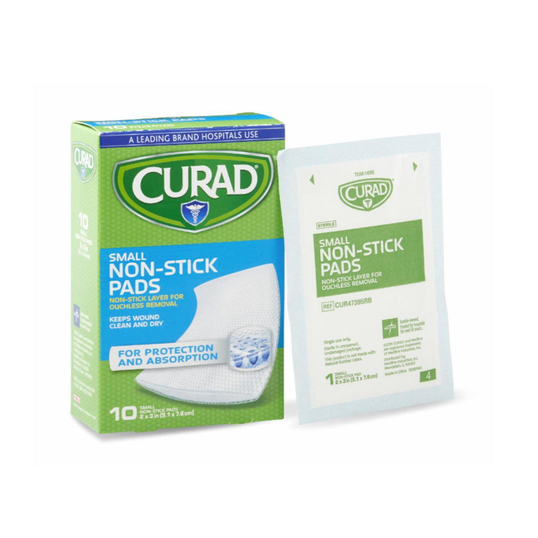 A box of Medline CURAD Sterile Nonstick Pads and a single pad packet are shown. The green and blue packaging highlights protection and absorption, offering reliable sterile nonstick pads for effective wound care.