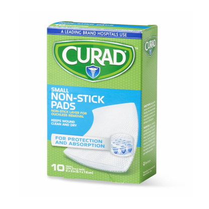 A box of Medline CURAD Sterile Nonstick Pads in green and blue packaging. Includes 10 sterile 2"x3" pads for wound care, offering protection, absorption, and easy removal—ideal for nonstick pad wound care needs.