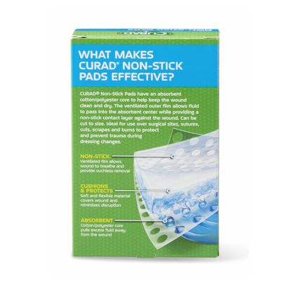 Medline CURAD Sterile Nonstick Pads offer gentle cushioning, non-stick protection, and high absorbency for wound care. The blue and green box features an image of a sterile nonstick pad on the front.