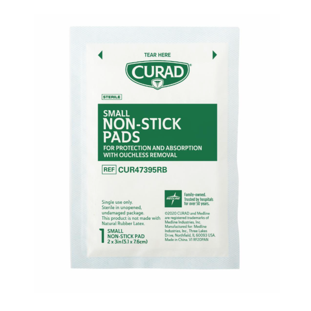 A sealed pack of Medline CURAD Sterile Nonstick Pads, 2 x 3 inches with green and white labeling, offers protection, absorbency, and painless removal—ideal as a gentle nonstick wound dressing.